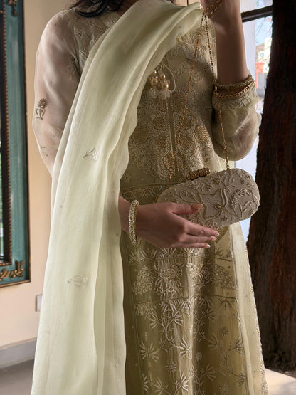 Olive Green Ombre Shade Noor Organza Chikankari A Line Kurta With Dupatta