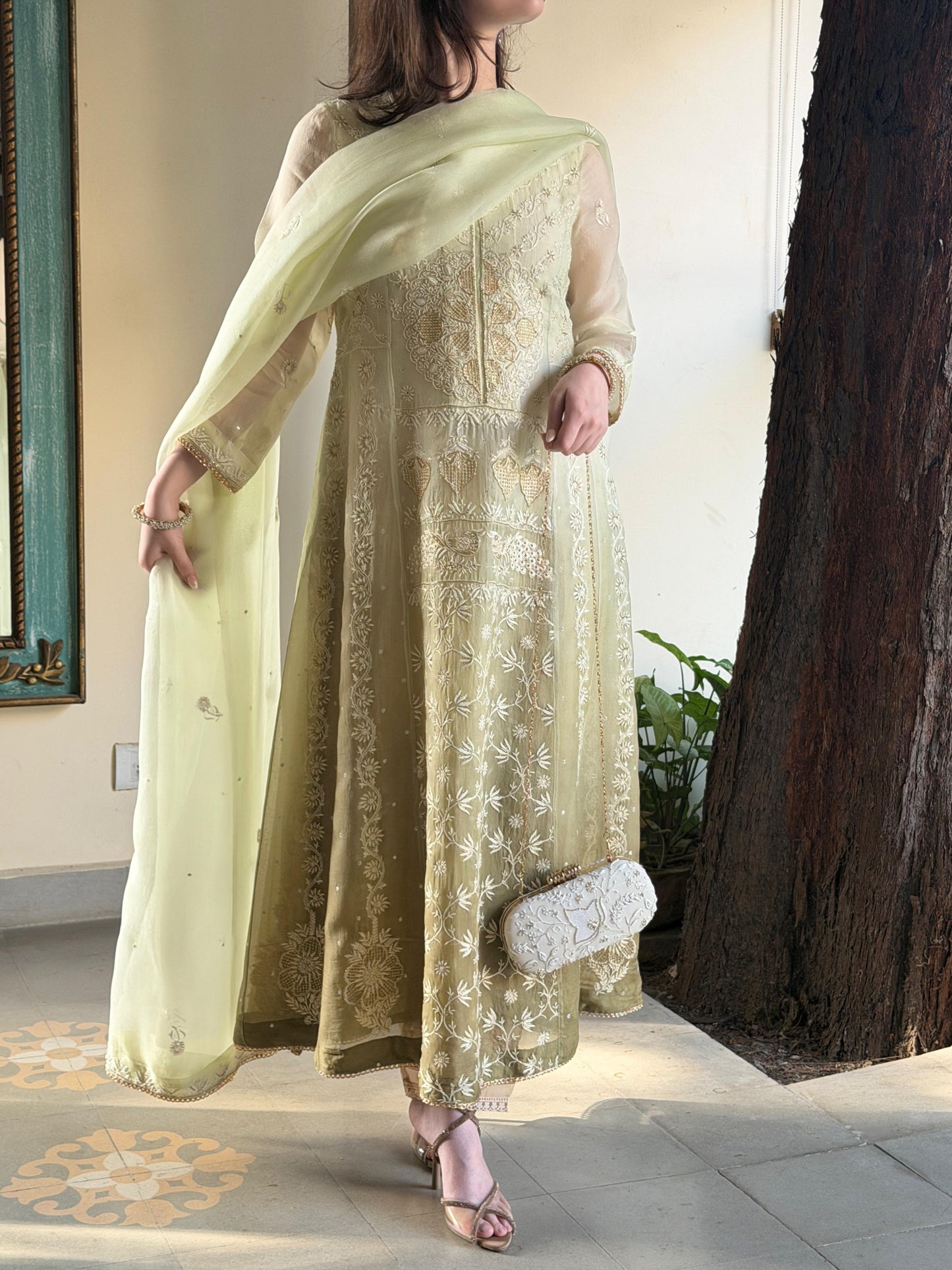Olive Green Ombre Shade Noor Organza Chikankari A Line Kurta With Dupatta