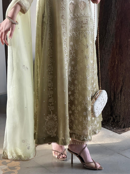 Olive Green Ombre Shade Noor Organza Chikankari A Line Kurta With Dupatta