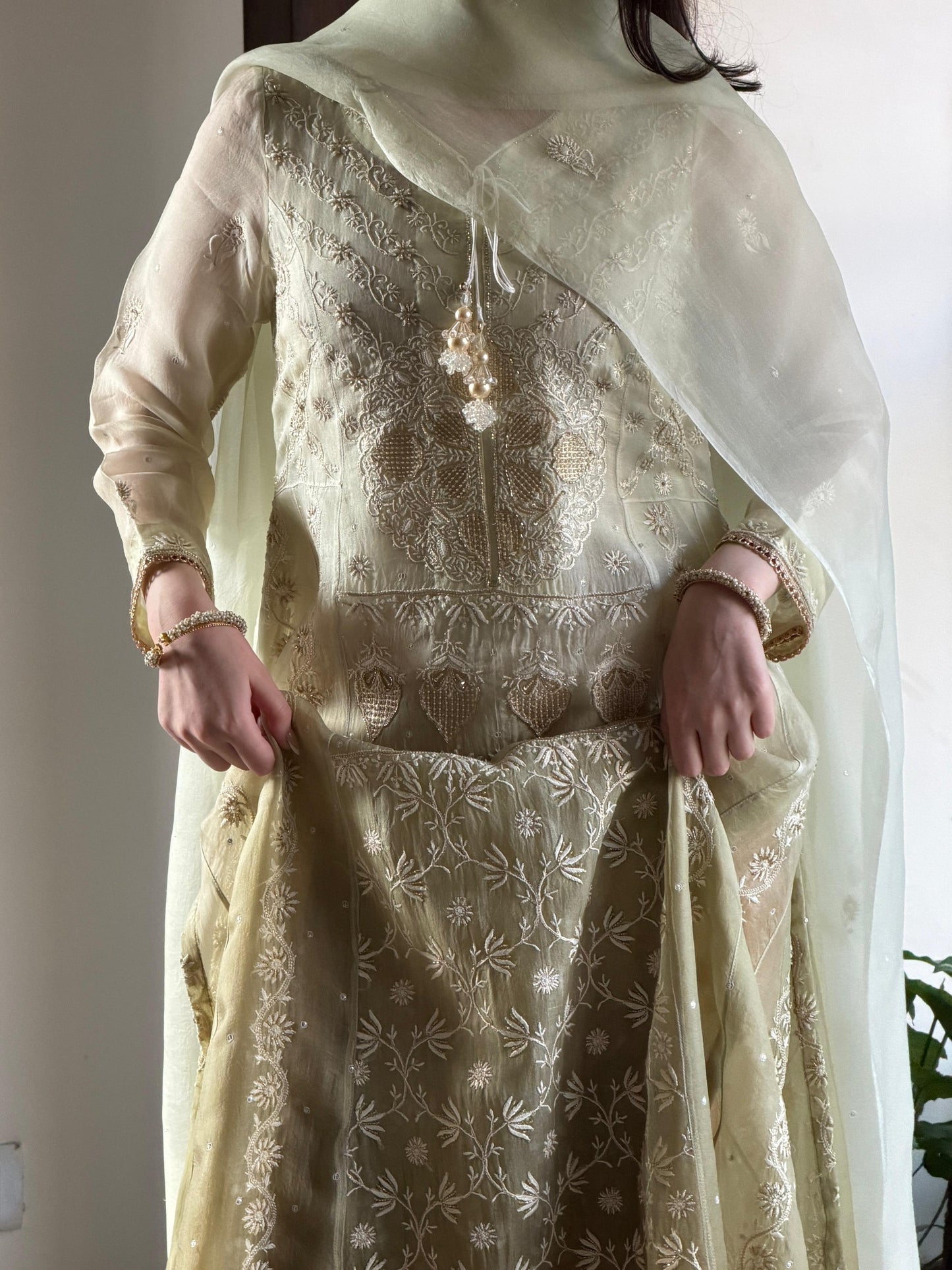 Olive Green Ombre Shade Noor Organza Chikankari A Line Kurta With Dupatta