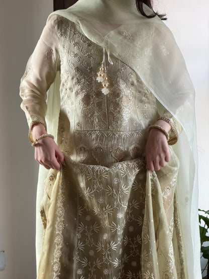 Olive Green Ombre Shade Noor Organza Chikankari A Line Kurta With Dupatta