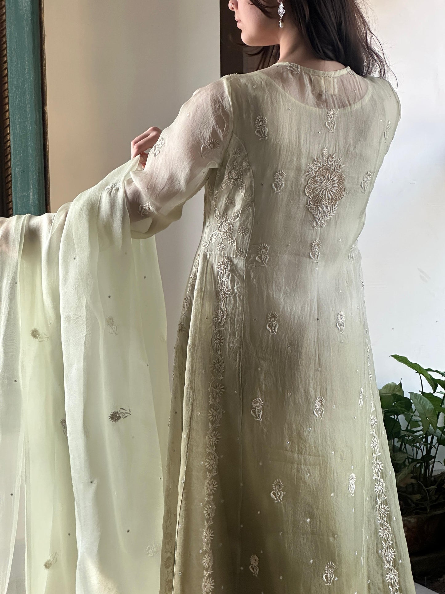Olive Green Ombre Shade Noor Organza Chikankari A Line Kurta With Dupatta