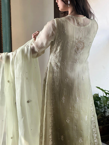 Olive Green Ombre Shade Noor Organza Chikankari A Line Kurta With Dupatta