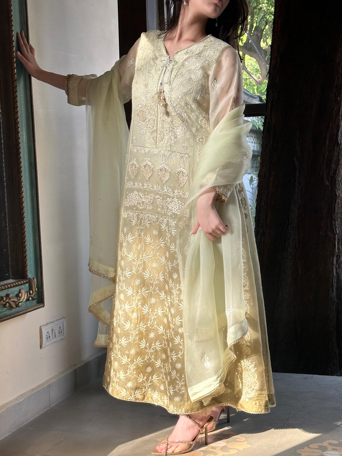 Olive Green Ombre Shade Noor Organza Chikankari A Line Kurta With Dupatta