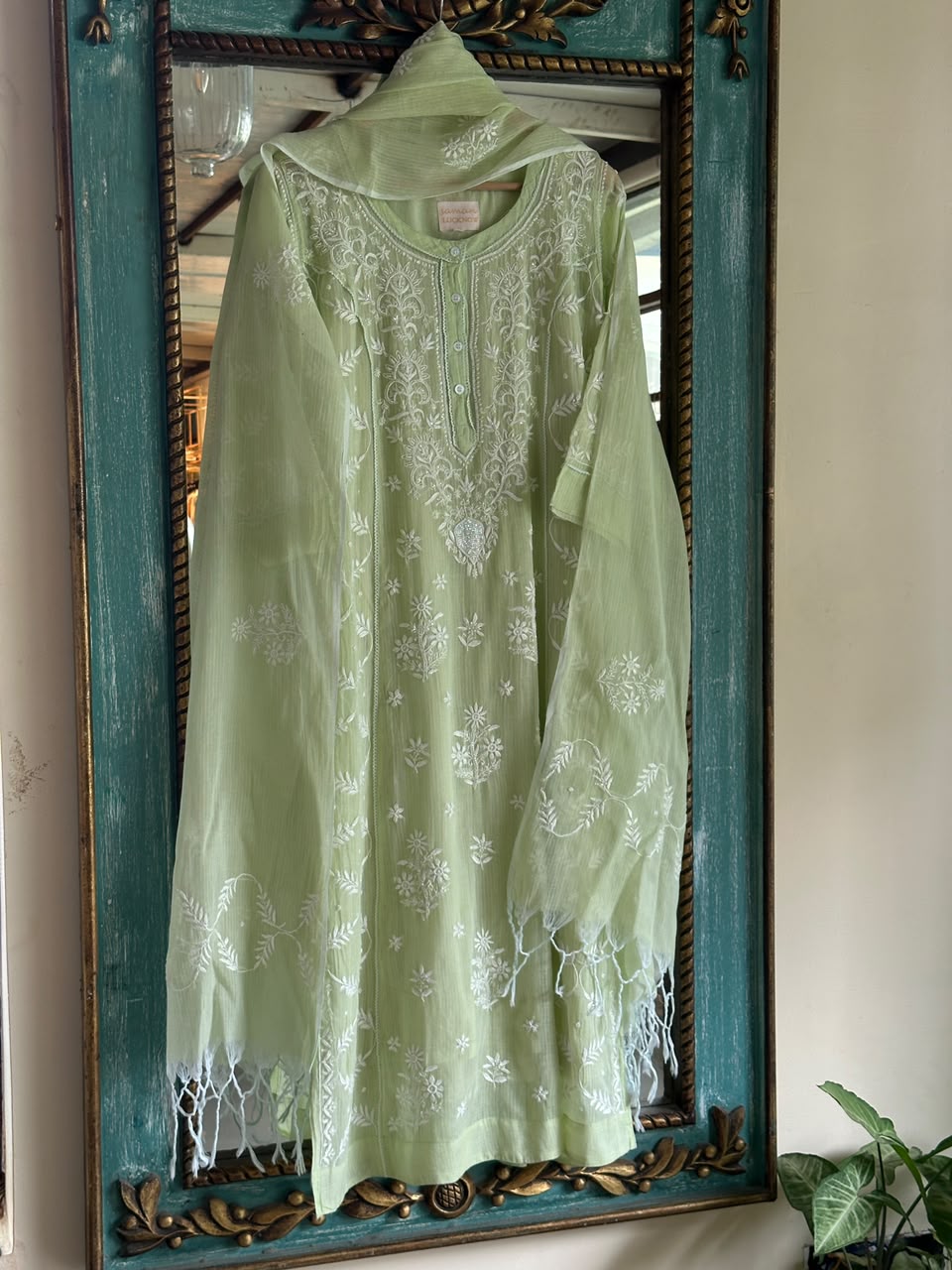 Olive Green Sequinned Chikankari Kota Kurta & Dupatta Set