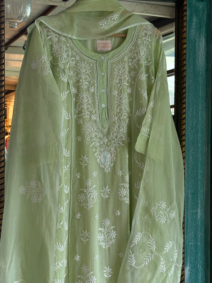Olive Green Sequinned Chikankari Kota Kurta & Dupatta Set
