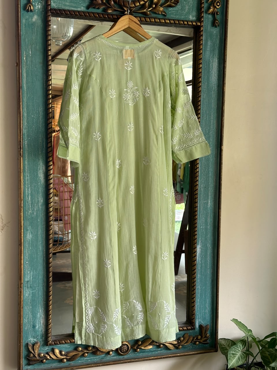 Olive Green Sequinned Chikankari Kota Kurta & Dupatta Set