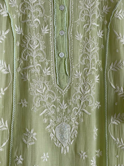 Olive Green Sequinned Chikankari Kota Kurta & Dupatta Set