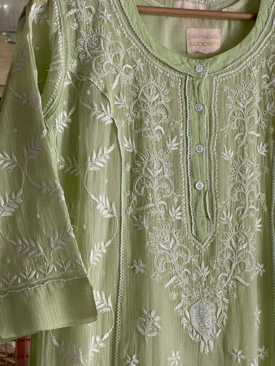 Olive Green Sequinned Chikankari Kota Kurta & Dupatta Set