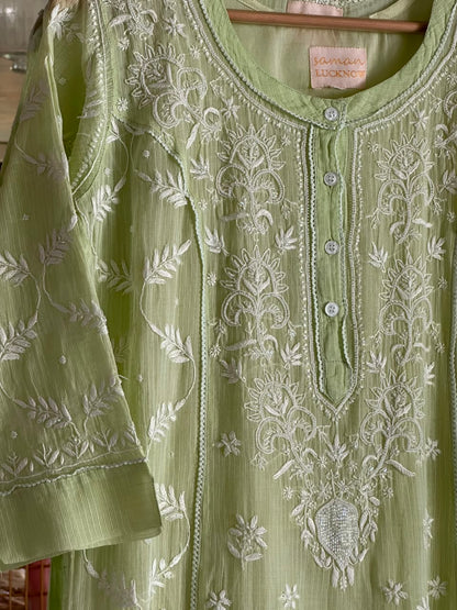 Olive Green Sequinned Chikankari Kota Kurta & Dupatta Set
