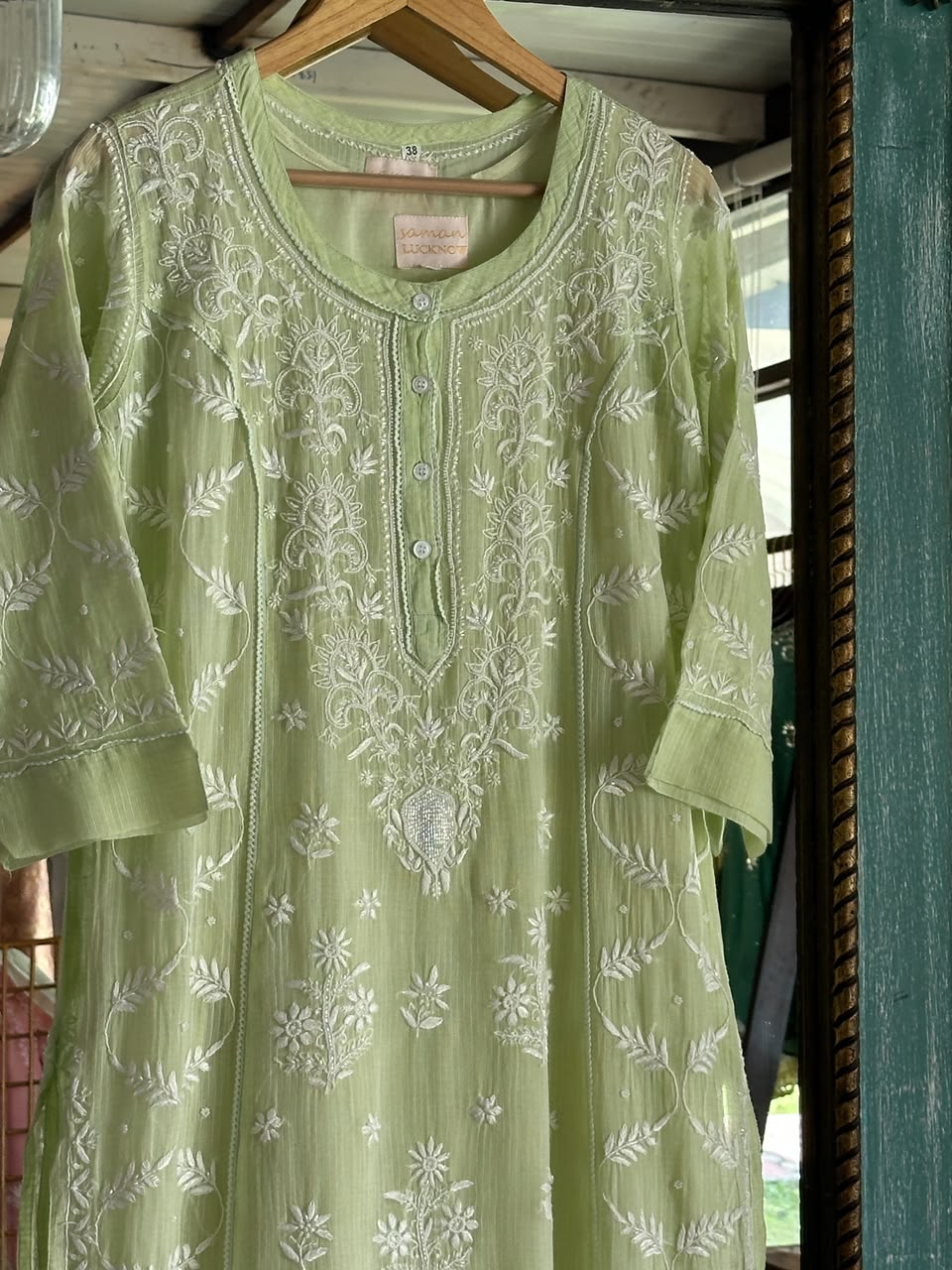 Olive Green Sequinned Chikankari Kota Kurta & Dupatta Set