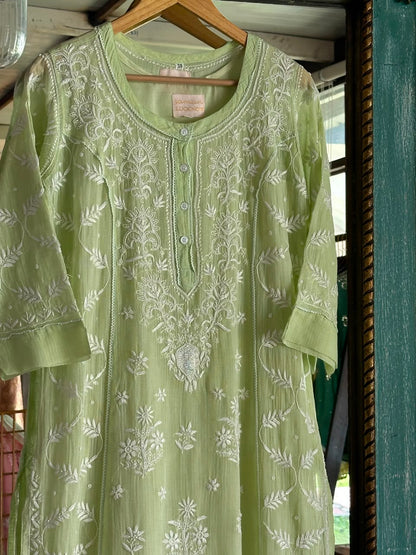 Olive Green Sequinned Chikankari Kota Kurta & Dupatta Set