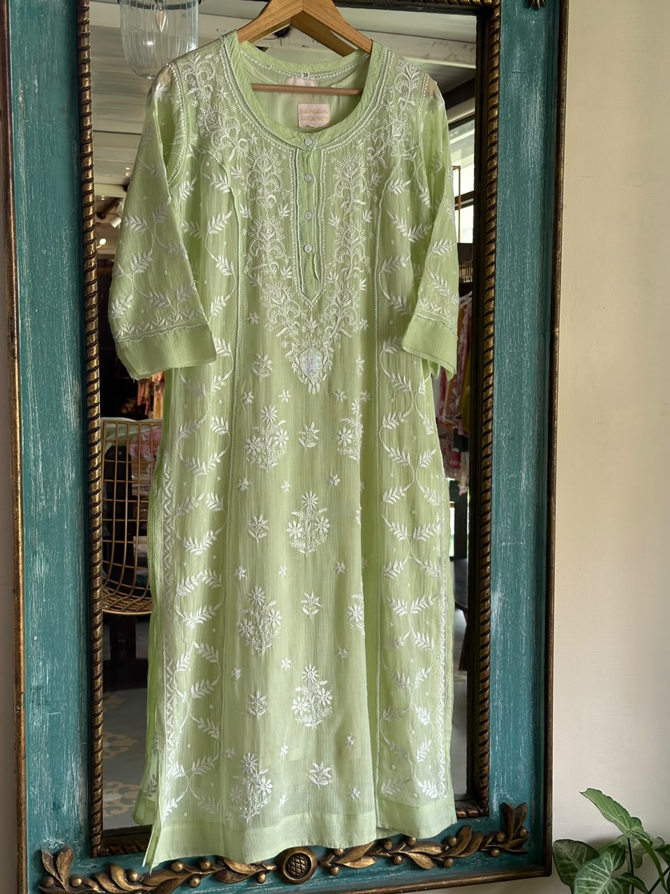 Olive Green Sequinned Chikankari Kota Kurta & Dupatta Set