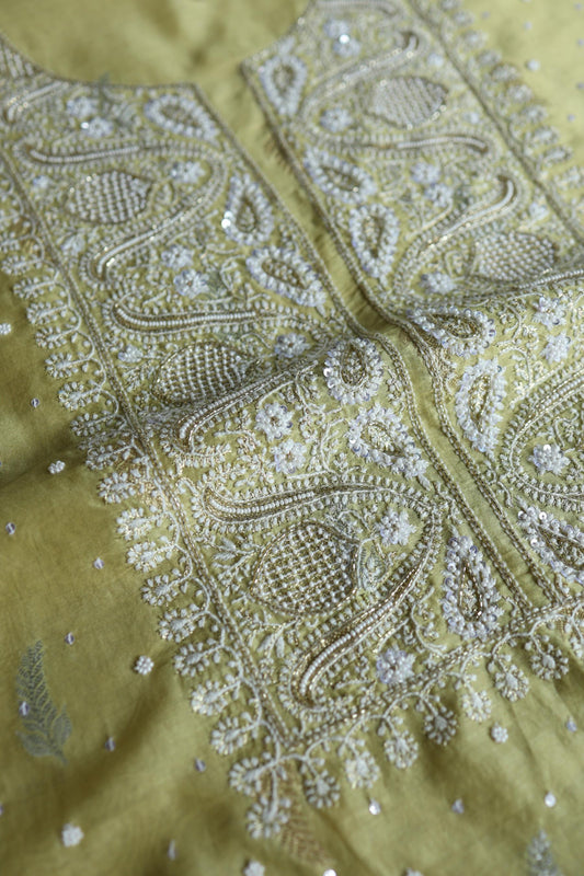 Olive Green Shade Banarasi Zari Chanderi Unstitched Chikankari Fabric