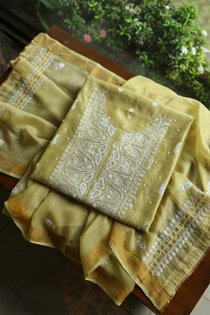Olive Green Shade Banarasi Zari Chanderi Unstitched Chikankari Fabric