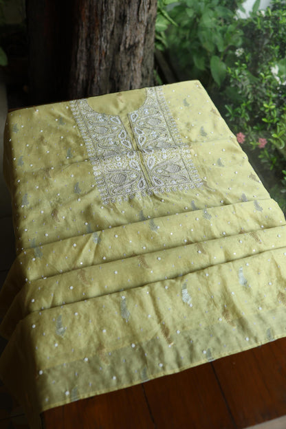 Olive Green Shade Banarasi Zari Chanderi Unstitched Chikankari Fabric