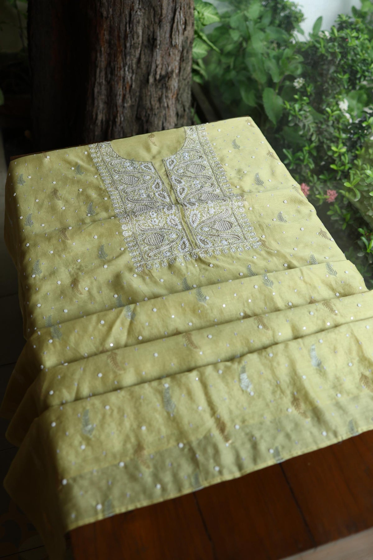 Olive Green Shade Banarasi Zari Chanderi Unstitched Chikankari Fabric