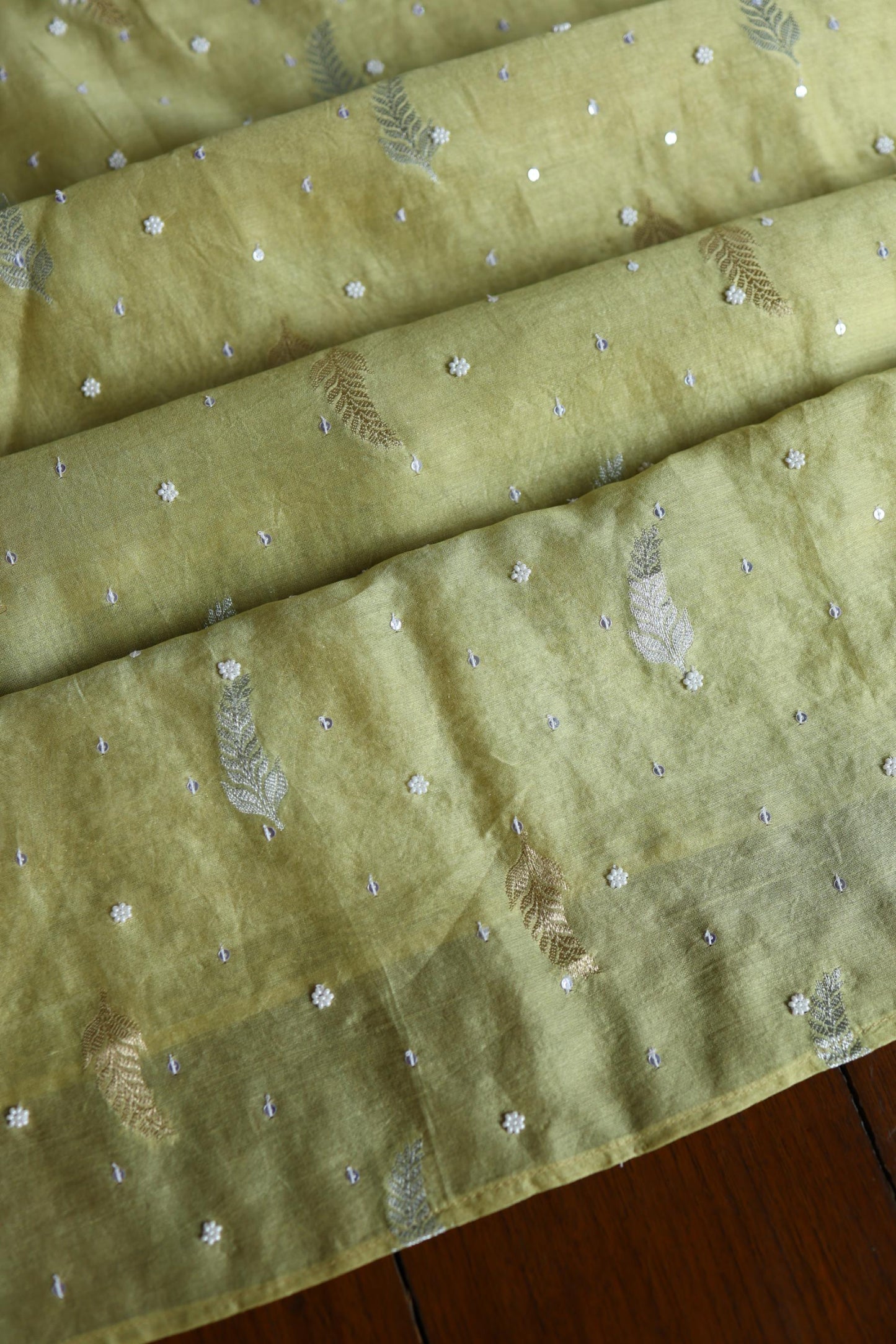 Olive Green Shade Banarasi Zari Chanderi Unstitched Chikankari Fabric