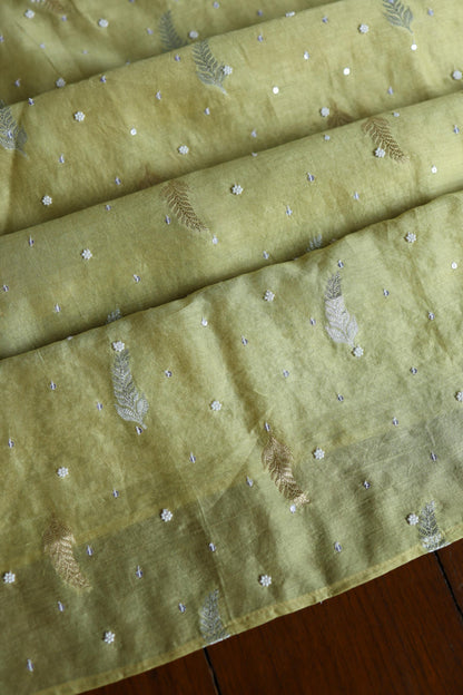 Olive Green Shade Banarasi Zari Chanderi Unstitched Chikankari Fabric