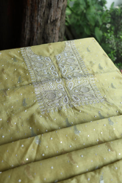 Olive Green Shade Banarasi Zari Chanderi Unstitched Chikankari Fabric
