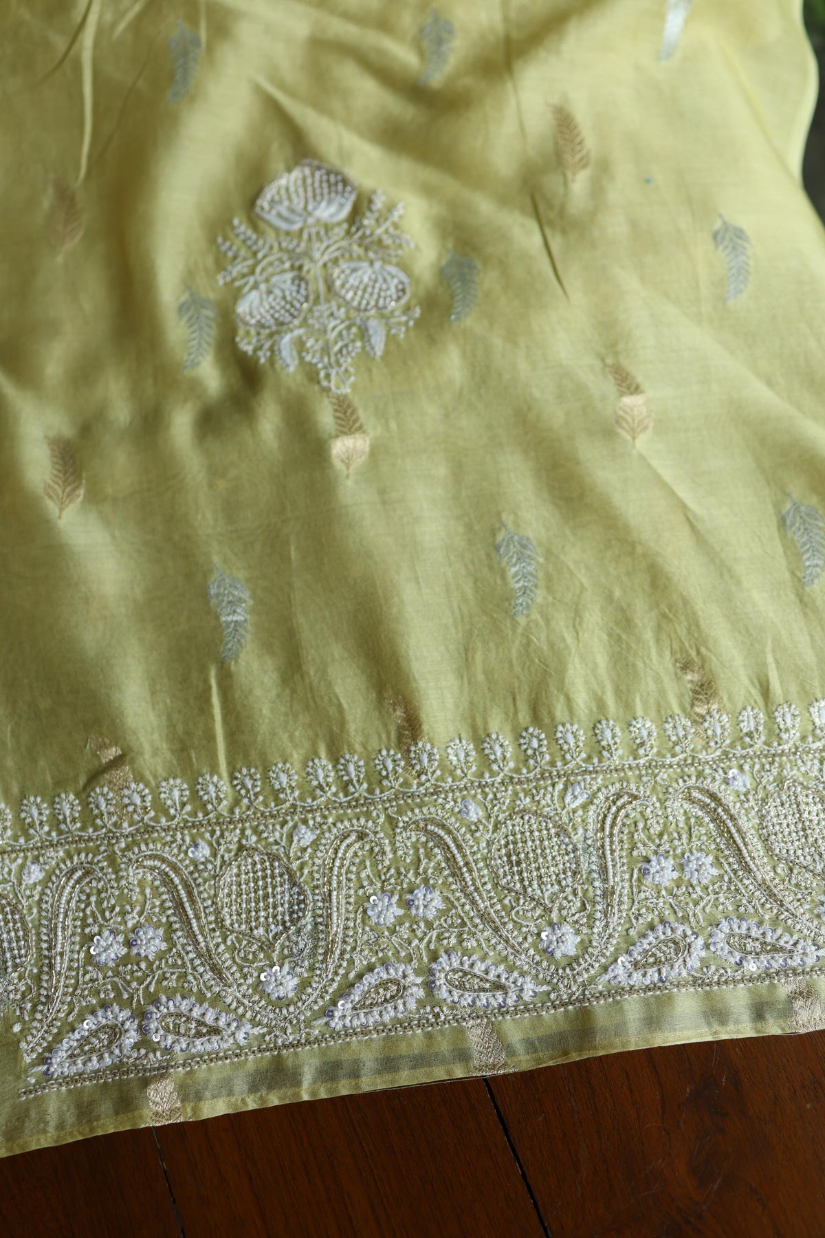 Olive Green Shade Banarasi Zari Chanderi Unstitched Chikankari Fabric