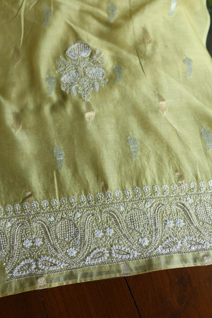 Olive Green Shade Banarasi Zari Chanderi Unstitched Chikankari Fabric