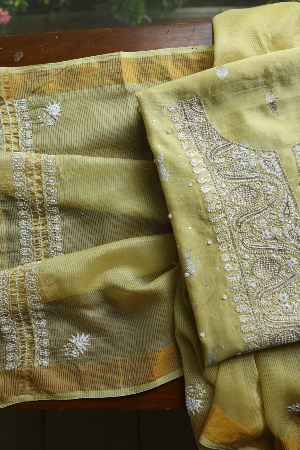 Olive Green Shade Banarasi Zari Chanderi Unstitched Chikankari Fabric