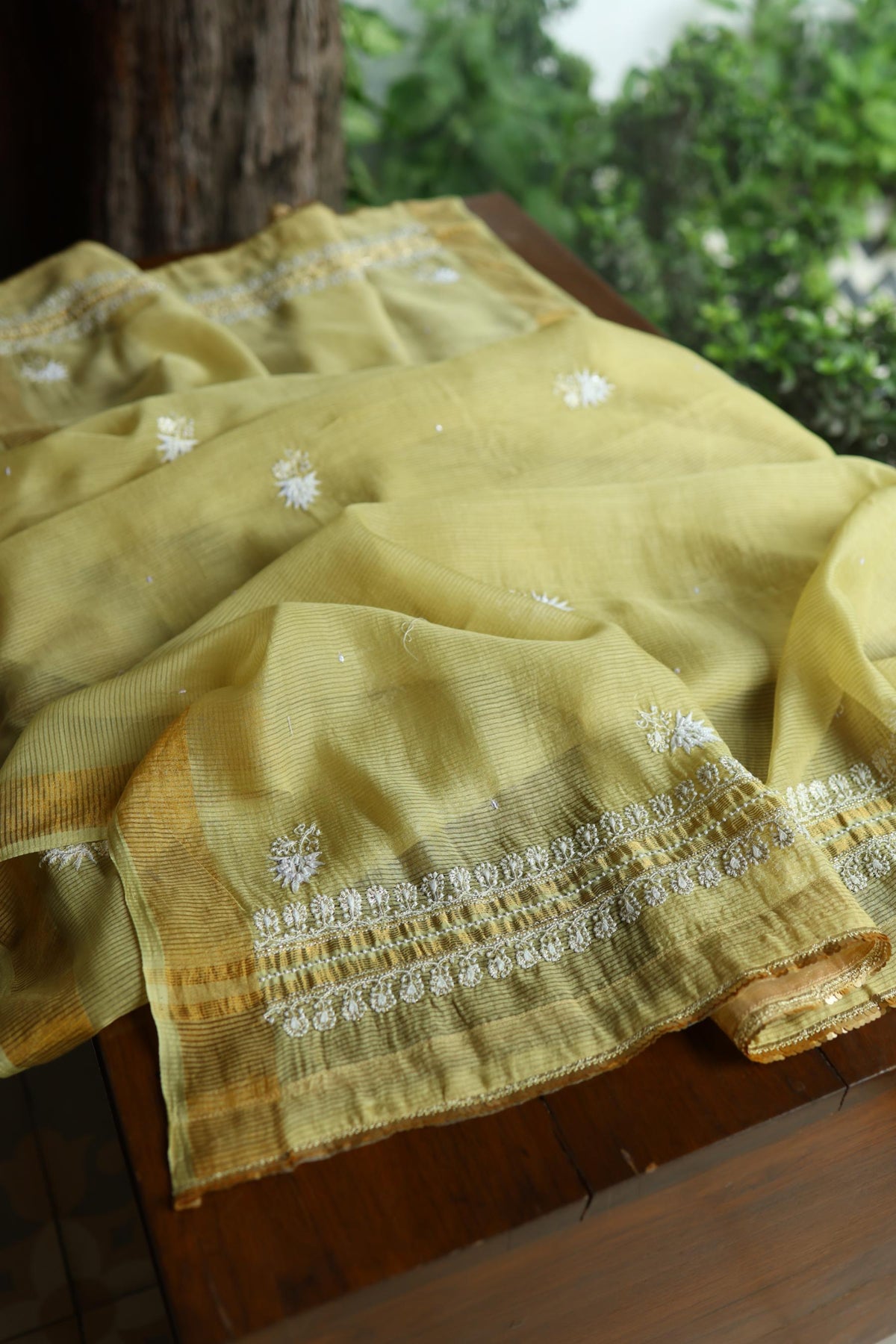 Olive Green Shade Banarasi Zari Chanderi Unstitched Chikankari Fabric