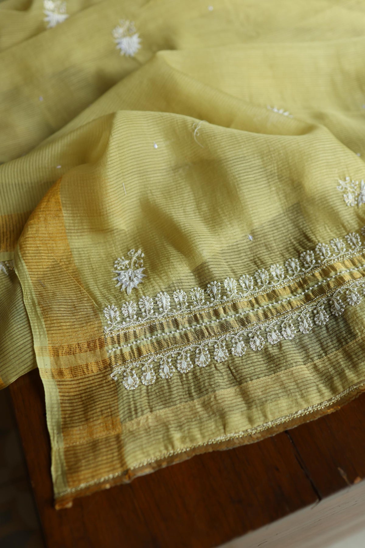 Olive Green Shade Banarasi Zari Chanderi Unstitched Chikankari Fabric