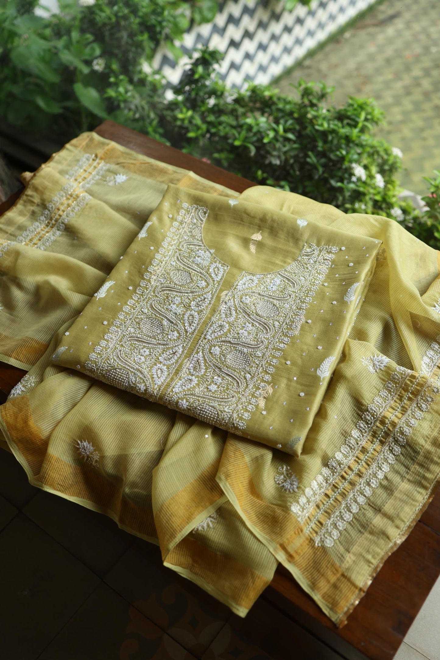 Olive Green Shade Banarasi Zari Chanderi Unstitched Chikankari Fabric