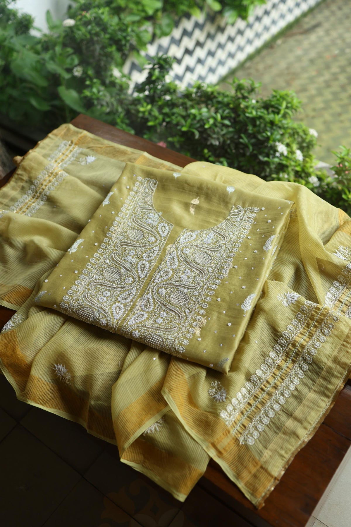 Olive Green Shade Banarasi Zari Chanderi Unstitched Chikankari Fabric