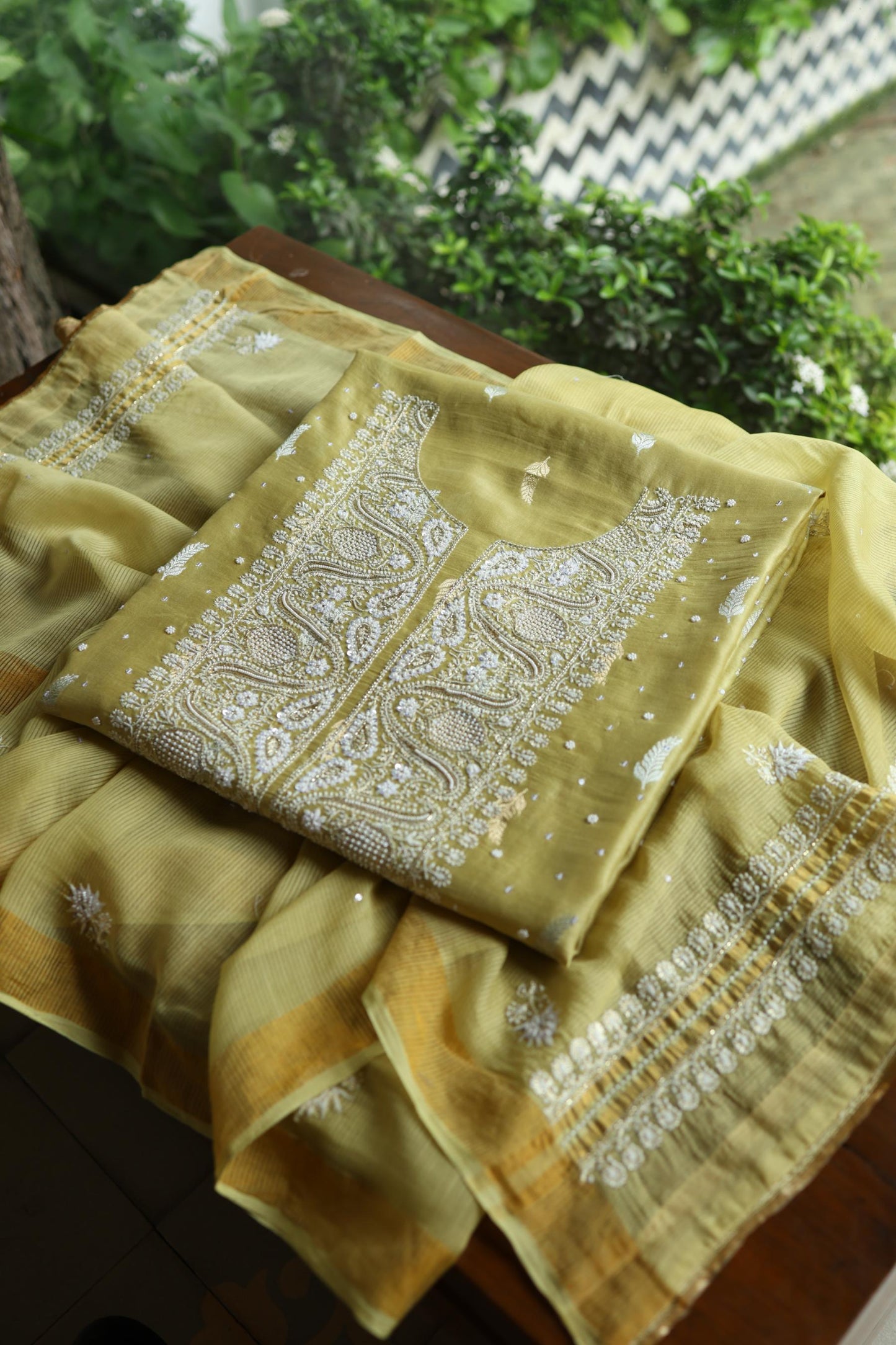 Olive Green Shade Banarasi Zari Chanderi Unstitched Chikankari Fabric
