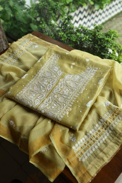 Olive Green Shade Banarasi Zari Chanderi Unstitched Chikankari Fabric