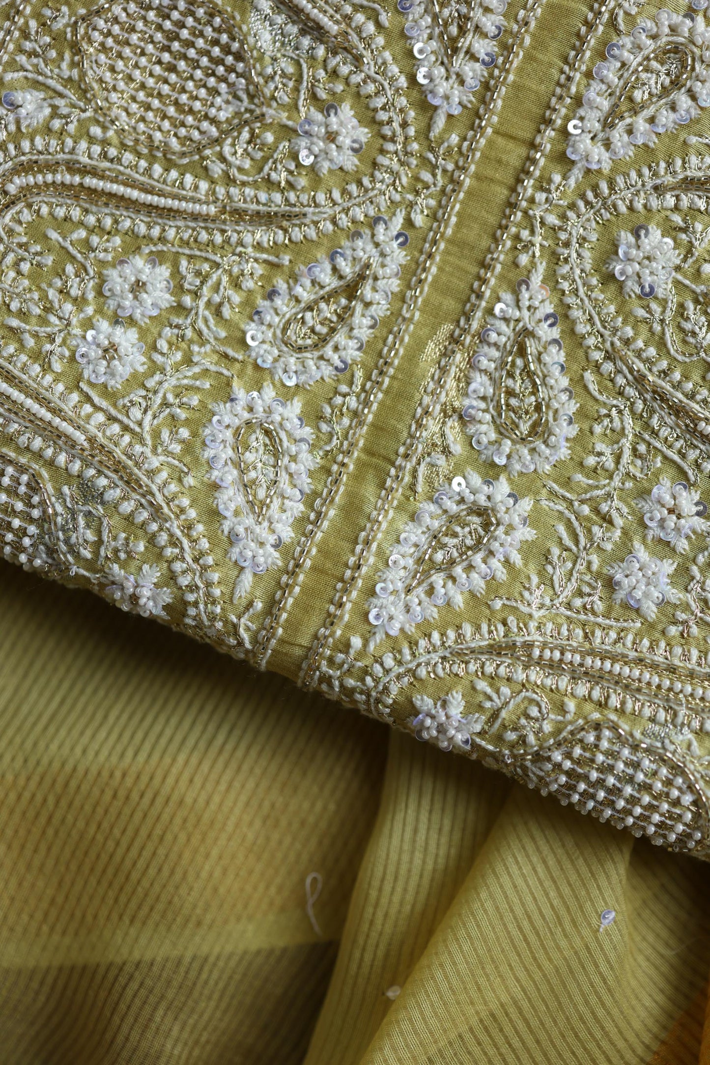 Olive Green Shade Banarasi Zari Chanderi Unstitched Chikankari Fabric