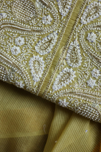 Olive Green Shade Banarasi Zari Chanderi Unstitched Chikankari Fabric