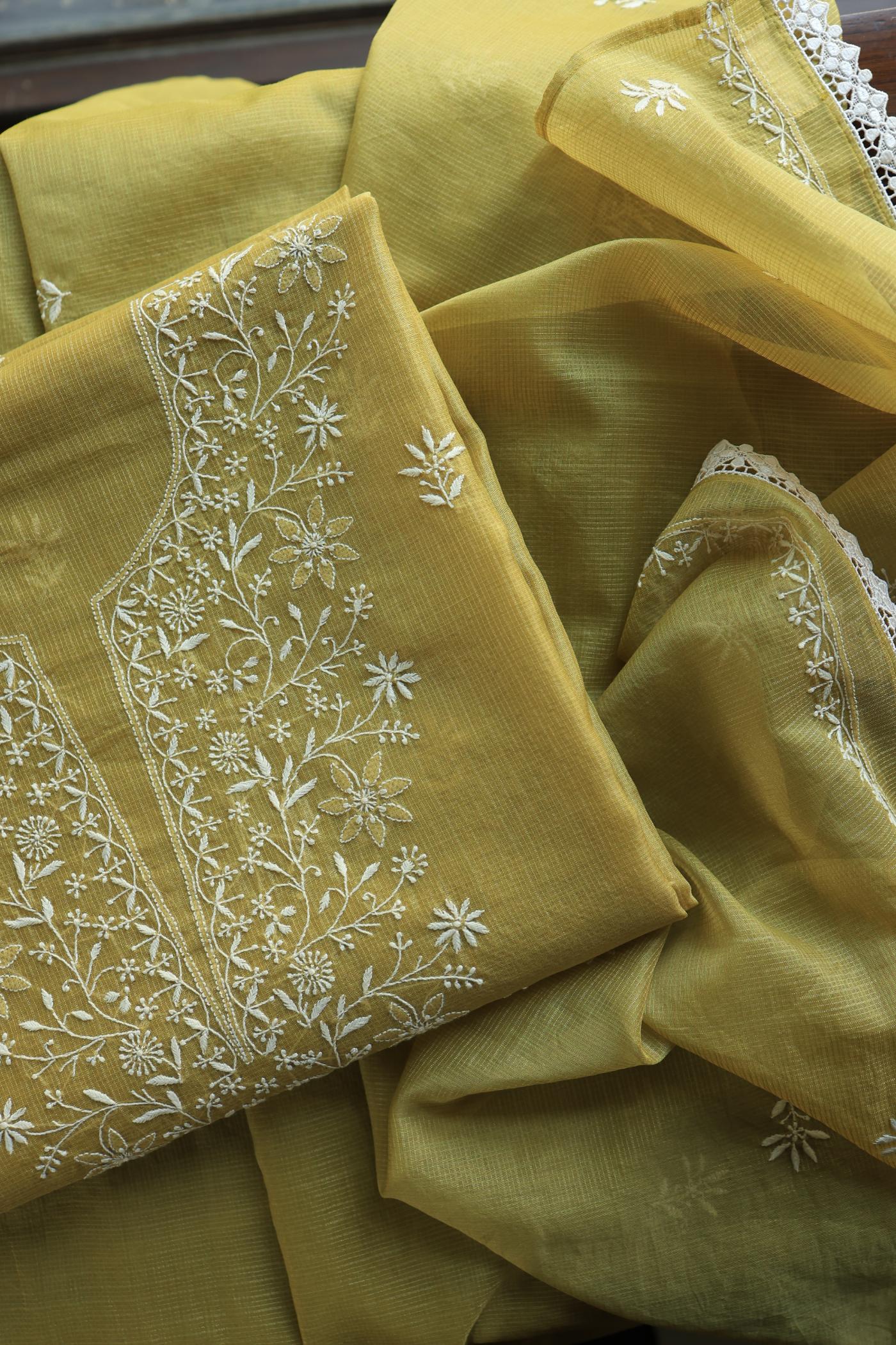 Olive Green Shade Kota Chikankari Unstitched Fabrics