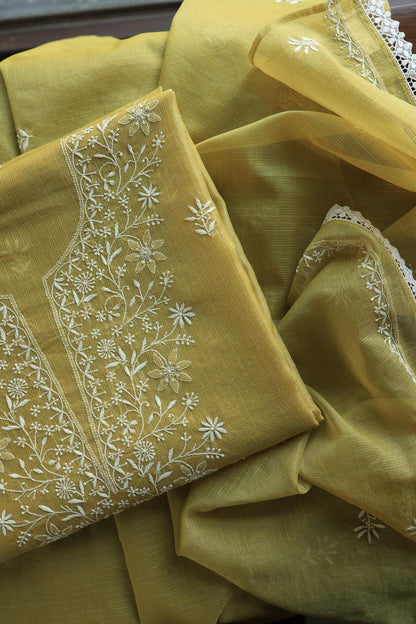 Olive Green Shade Kota Chikankari Unstitched Fabrics