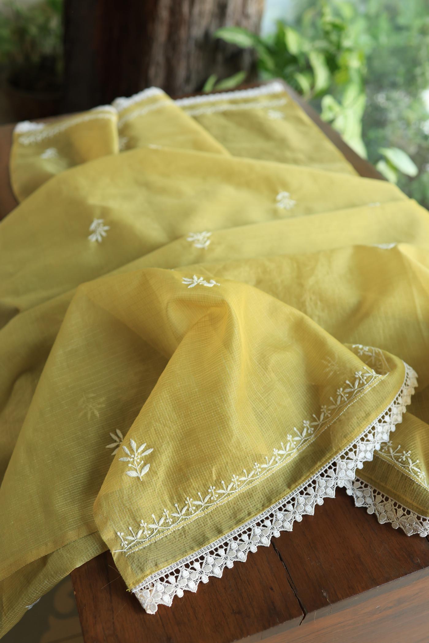 Olive Green Shade Kota Chikankari Unstitched Fabrics