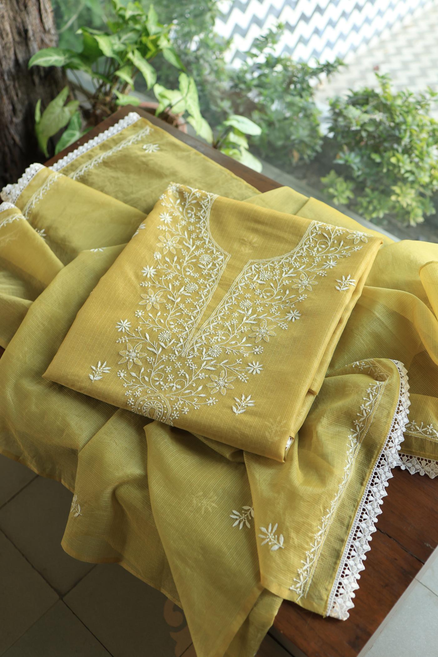Olive Green Shade Kota Chikankari Unstitched Fabrics