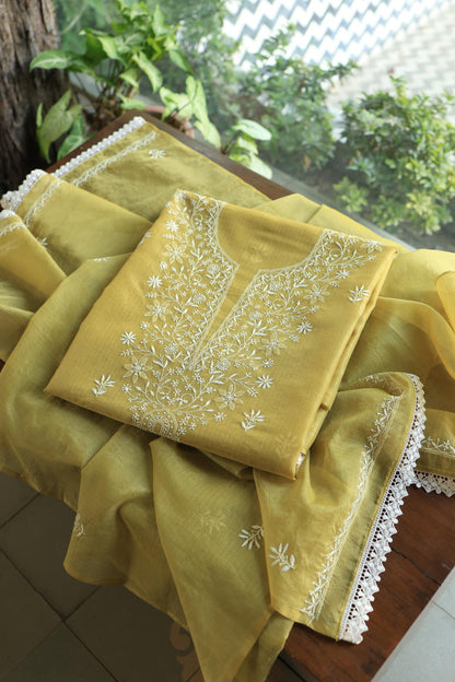 Olive Green Shade Kota Chikankari Unstitched Fabrics