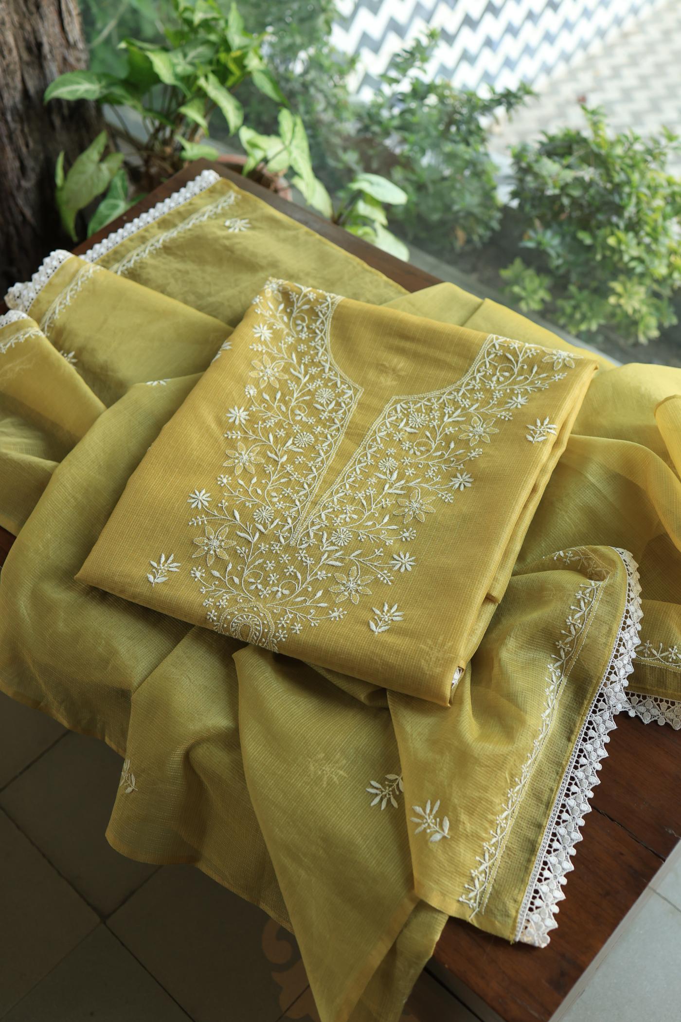 Olive Green Shade Kota Chikankari Unstitched Fabrics