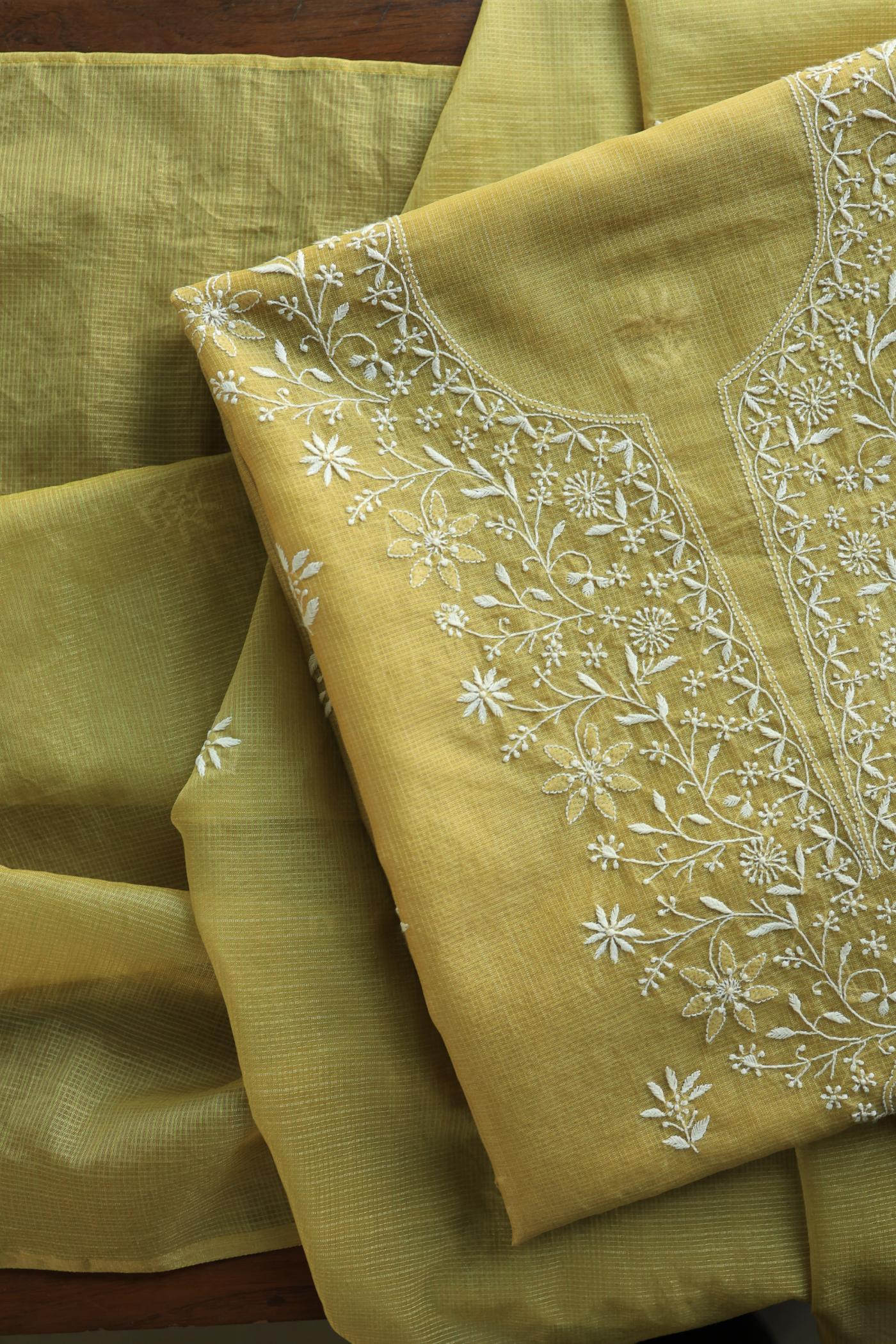 Olive Green Shade Kota Chikankari Unstitched Fabrics