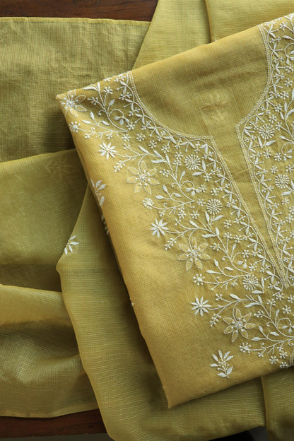 Olive Green Shade Kota Chikankari Unstitched Fabrics