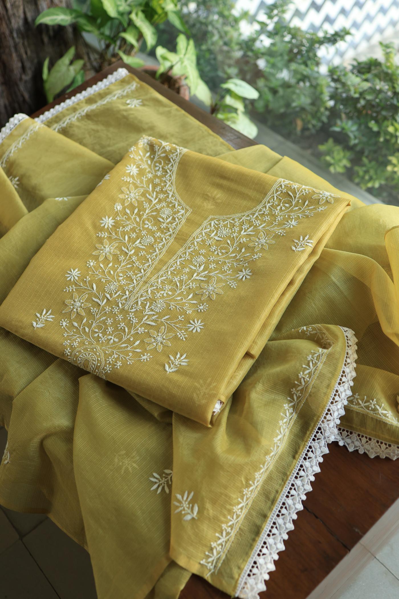 Olive Green Shade Kota Chikankari Unstitched Fabrics