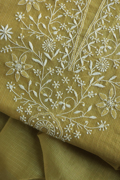 Olive Green Shade Kota Chikankari Unstitched Fabrics