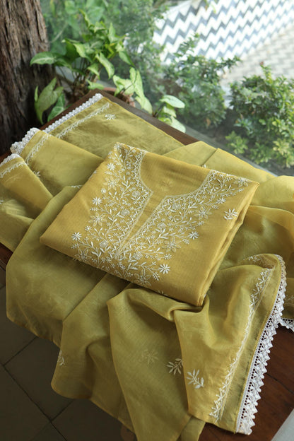 Olive Green Shade Kota Chikankari Unstitched Fabrics