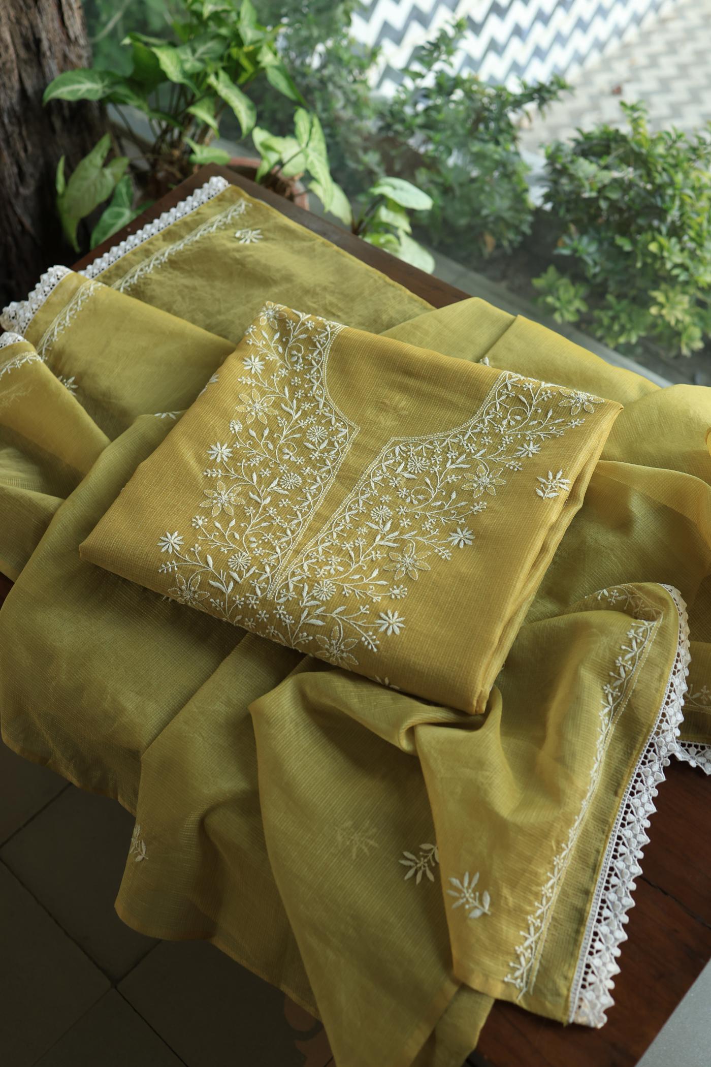 Olive Green Shade Kota Chikankari Unstitched Fabrics
