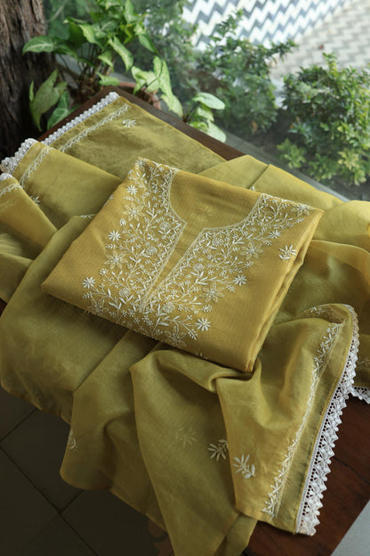 Olive Green Shade Kota Chikankari Unstitched Fabrics