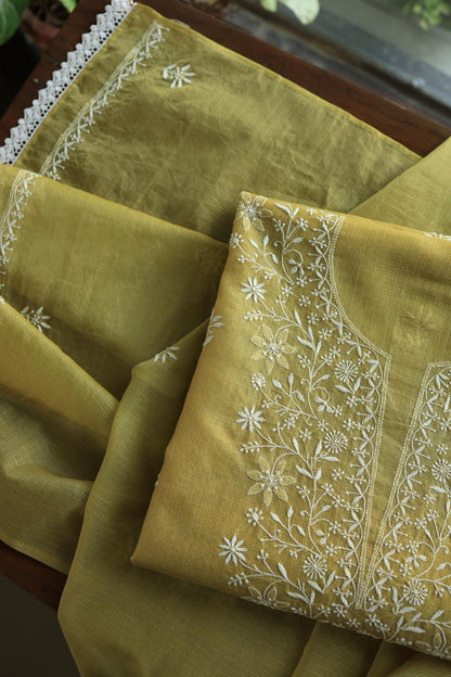 Olive Green Shade Kota Chikankari Unstitched Fabrics