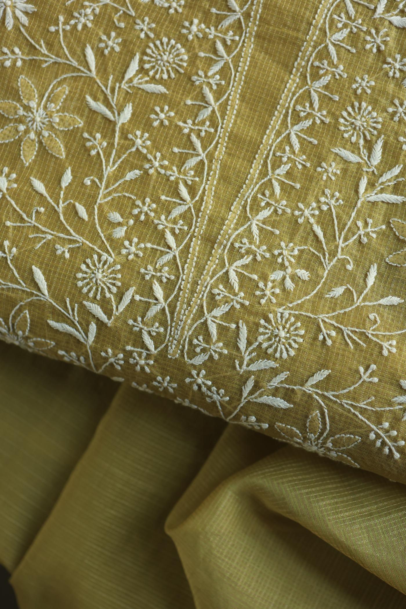 Olive Green Shade Kota Chikankari Unstitched Fabrics